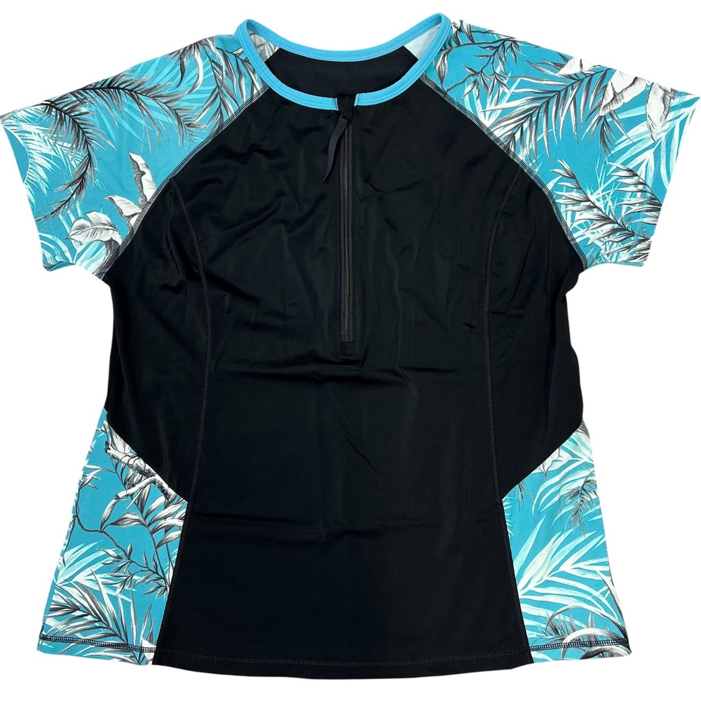 Swim by Cacique Rash Guard 20 Black Turquoise Tropical Palm Half-Zip Swim Top